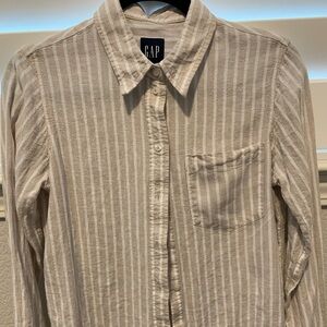 Gap Long Sleeve Linen Button-down Blouse XS White Beige Stripe